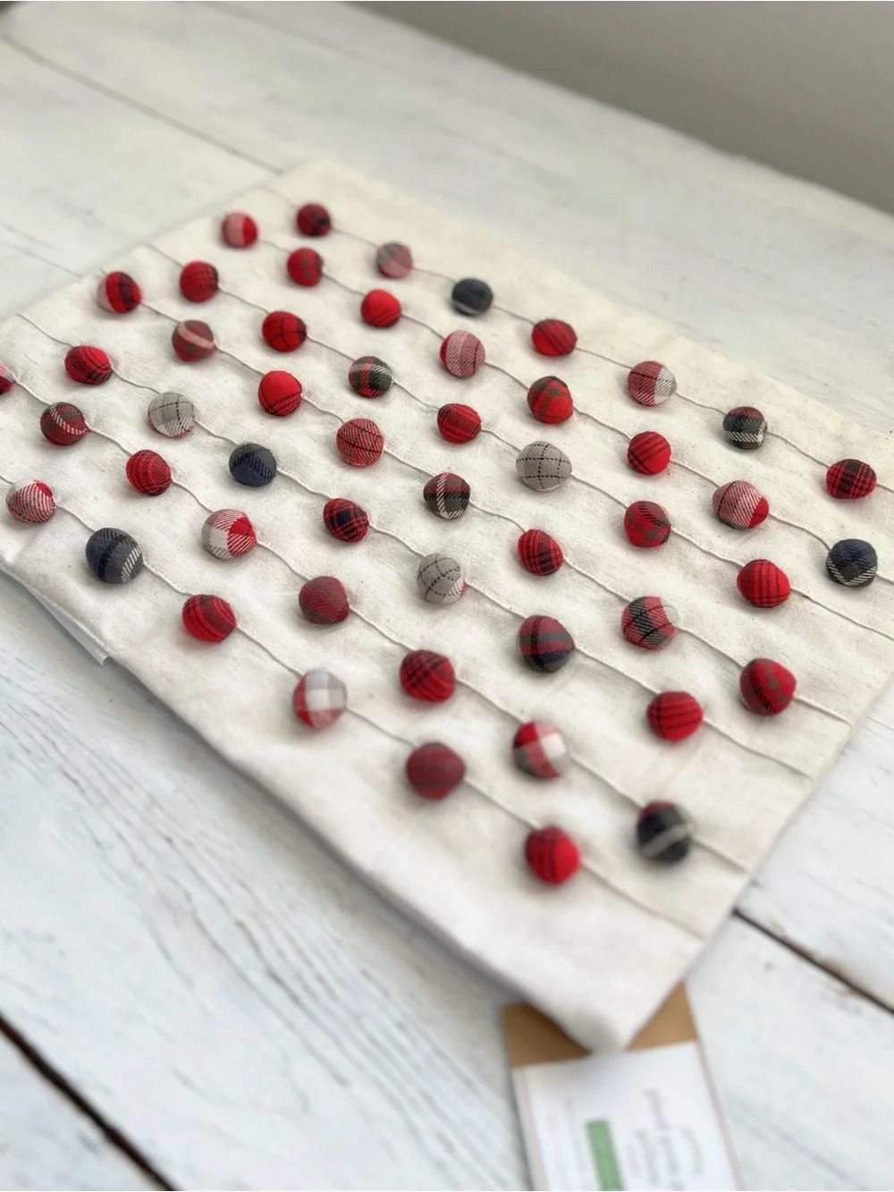 Pottery Barn Cream Pillow with Red and Navy Pom Dots